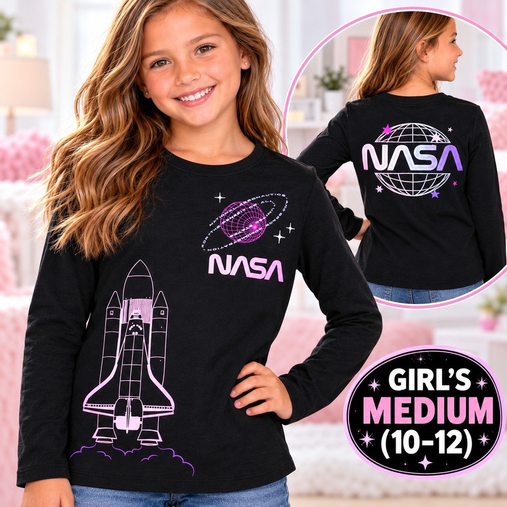 Epic Threads Girls NASA Space Shuttle Long Sleeve Tee Black Pink M 10-12 NWT